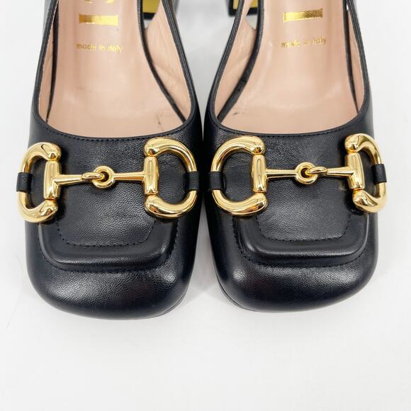 Gucci Black Leather Baby Horsebit Square Toe Block Heel Slingback Pumps EU 37 - Picture 7 of 12